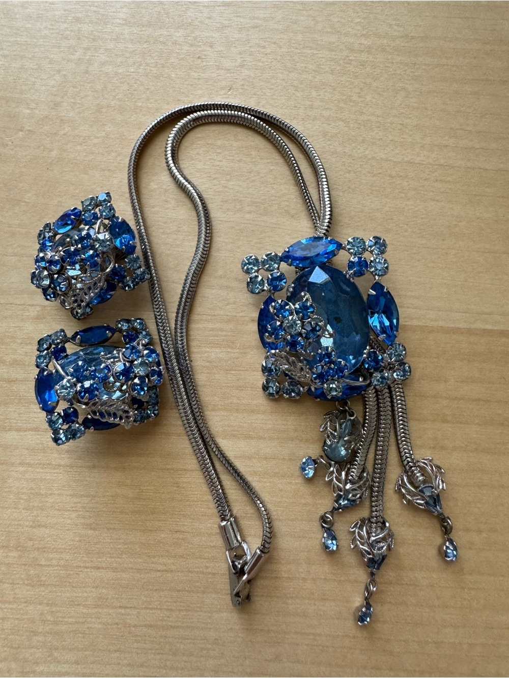 Vintage Blue Crystal Statement Necklace and Clip-On Earrings Set